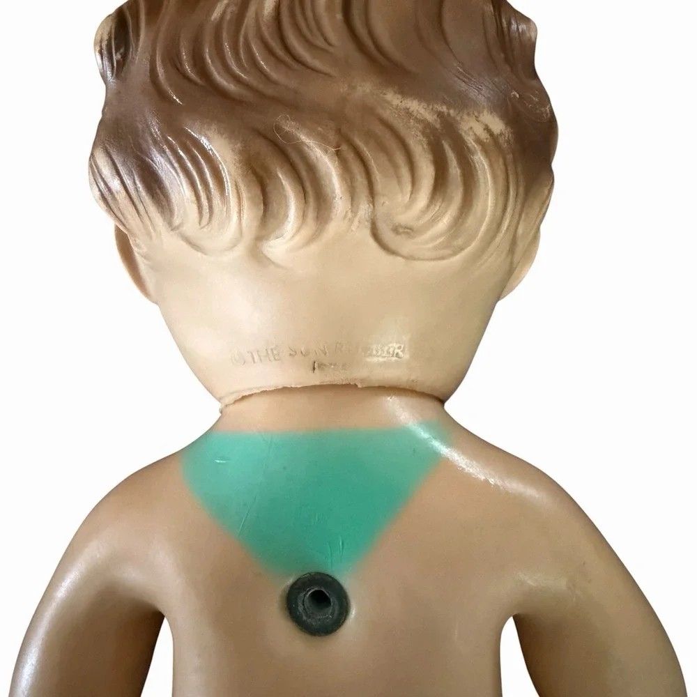 Vintage 1950s The Sun Rubber Baby Doll   Green‎ Romper MCM Toy 10